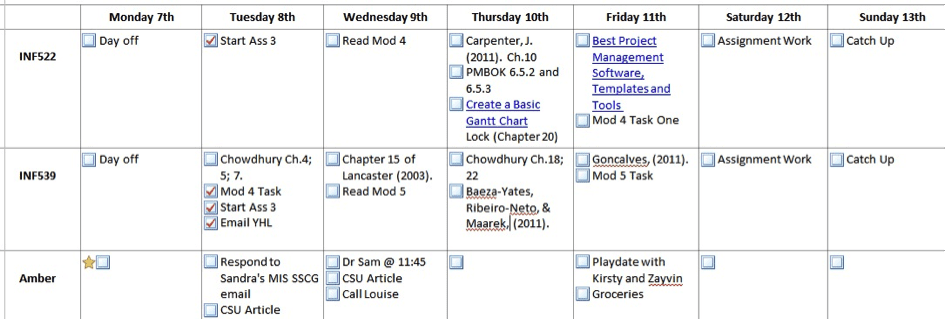 Screen grab of study schedule