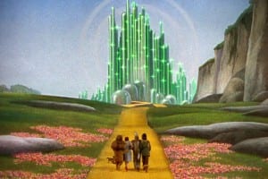 Lion, Dorothy, Tin Man and Scarecrow approaching the Emerald City