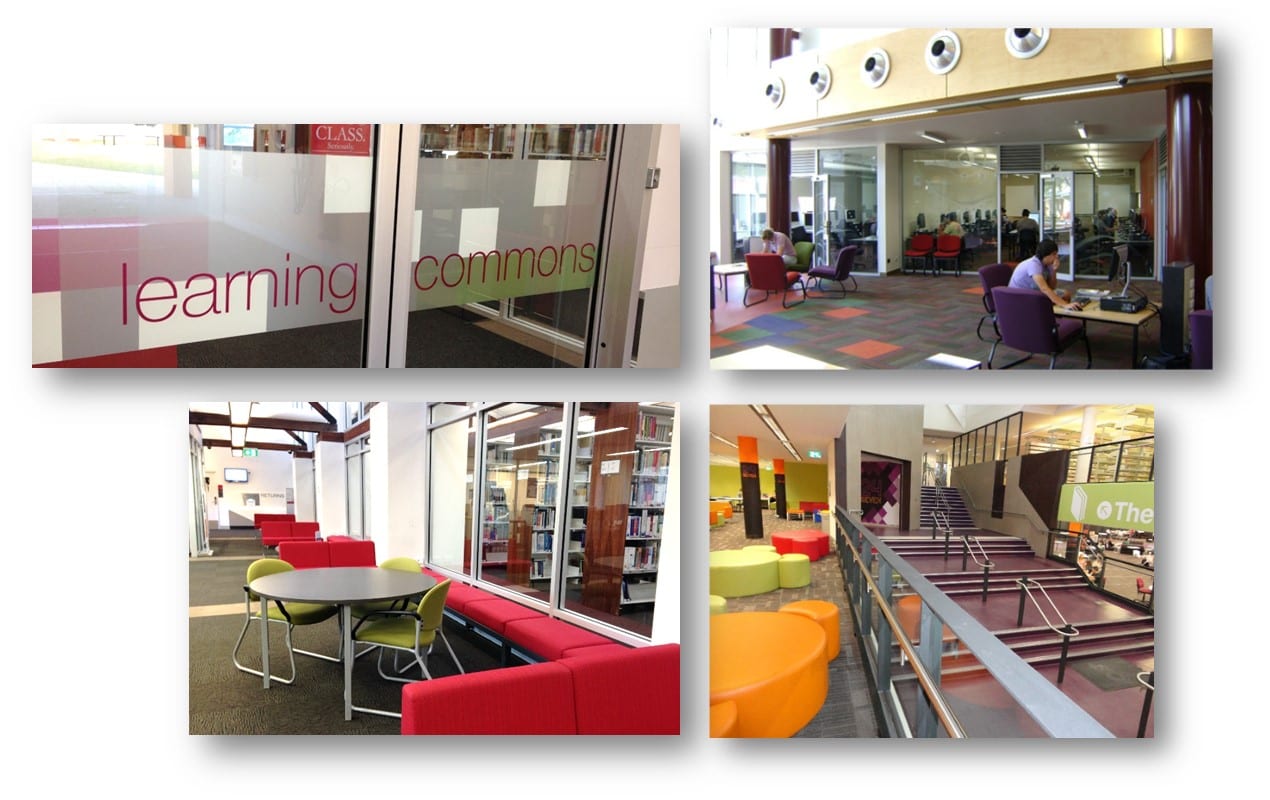 images of CSU library learning commons, study areas and entrances