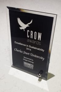 Crow Awards Excellence in Sustainability Award 2016. Charles Sturt University. Sponsored by Origin Energy. Wagga Wagga Business Chamber trophy