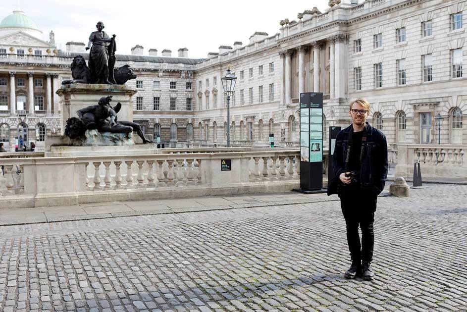CSU Photography student Joshua Thomas outside Somerset House on The Strand, where his work was exhibited.