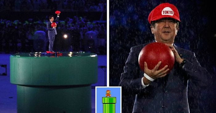 Japan's Prime Minister Shinzō Abe emerging from a warp pipe dressed as Super Mario