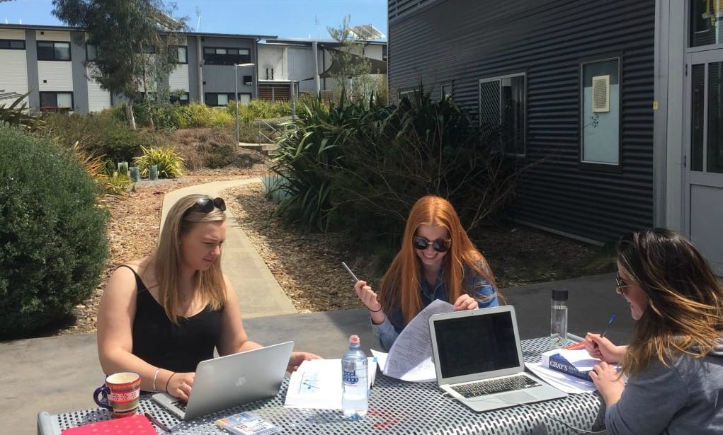 Girls enjoying the sun outside studying at the Orange campus