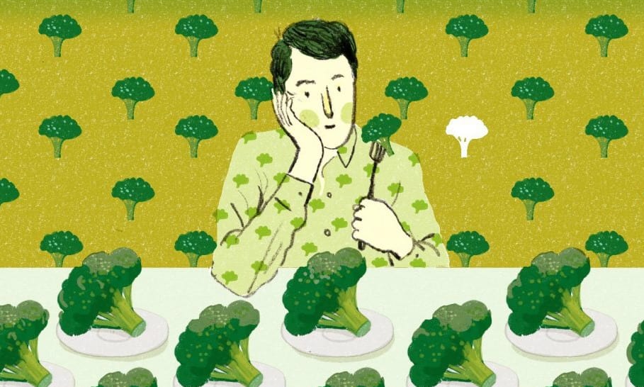 Cartoon images with person not wanting to eat broccoli
