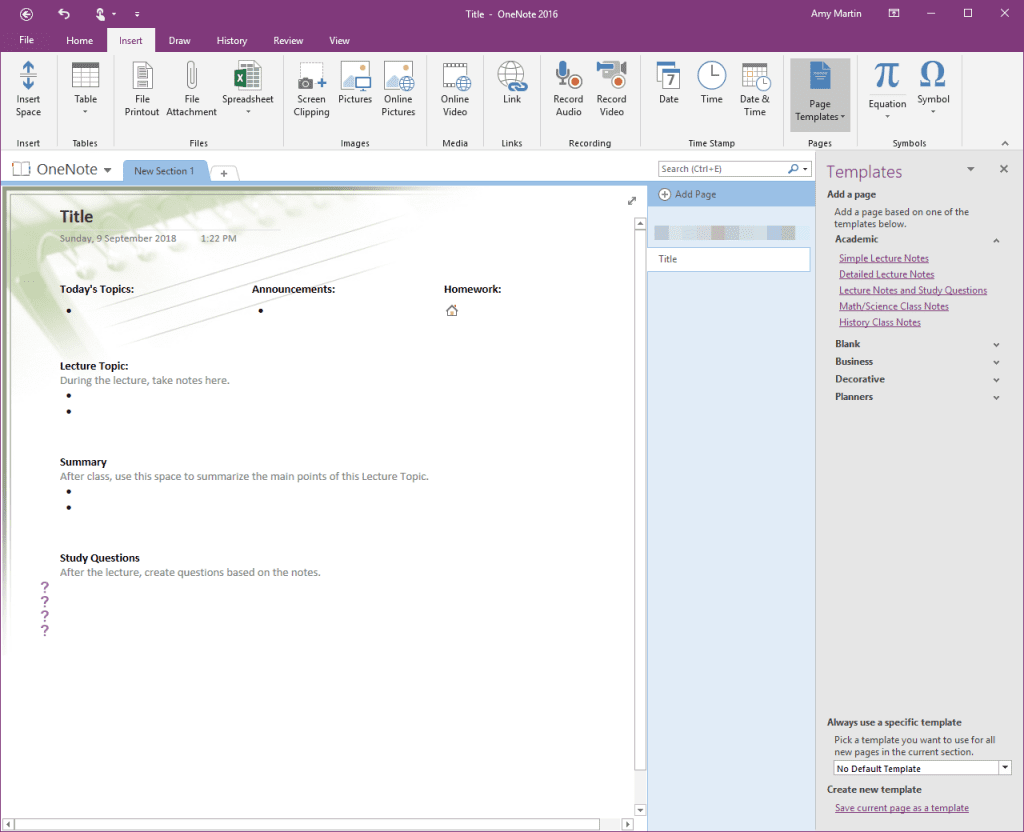 Templates on OneNote