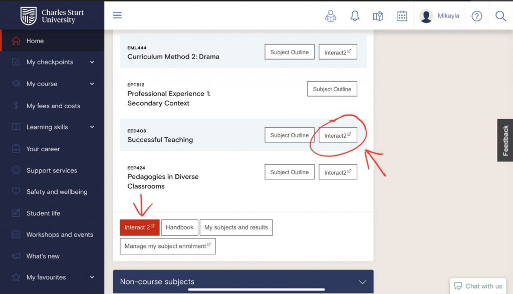 The Student Portal homepage with a circle around the Interact2 button for one of the subjects