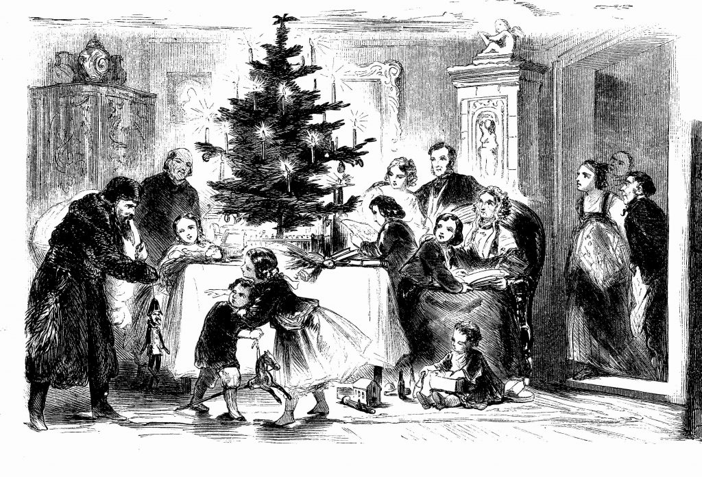Upper class home: Santa Claus is coming with Christmas presents and toys for the children, vintage illustration