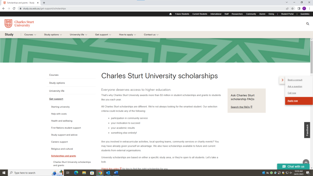 The Charles Sturt Scholarships page.