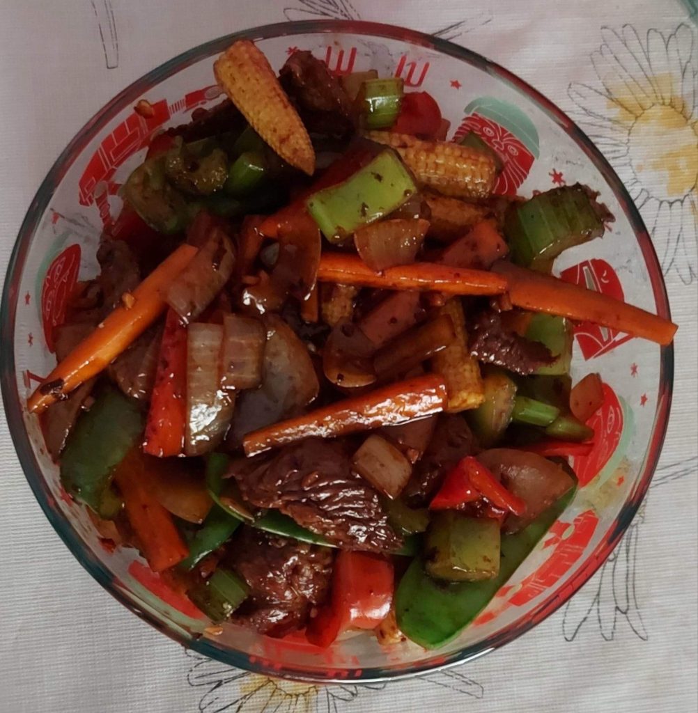 Michelle's beef stir fry made by her husband.