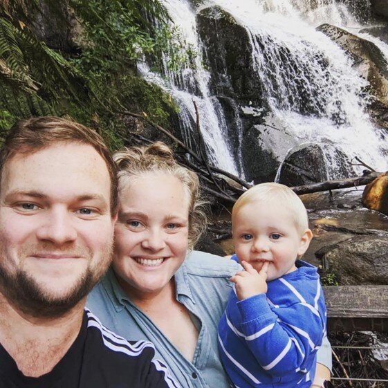 Josh, his wife Sarah and son Myles at Toorongo Falls in Gippsland.