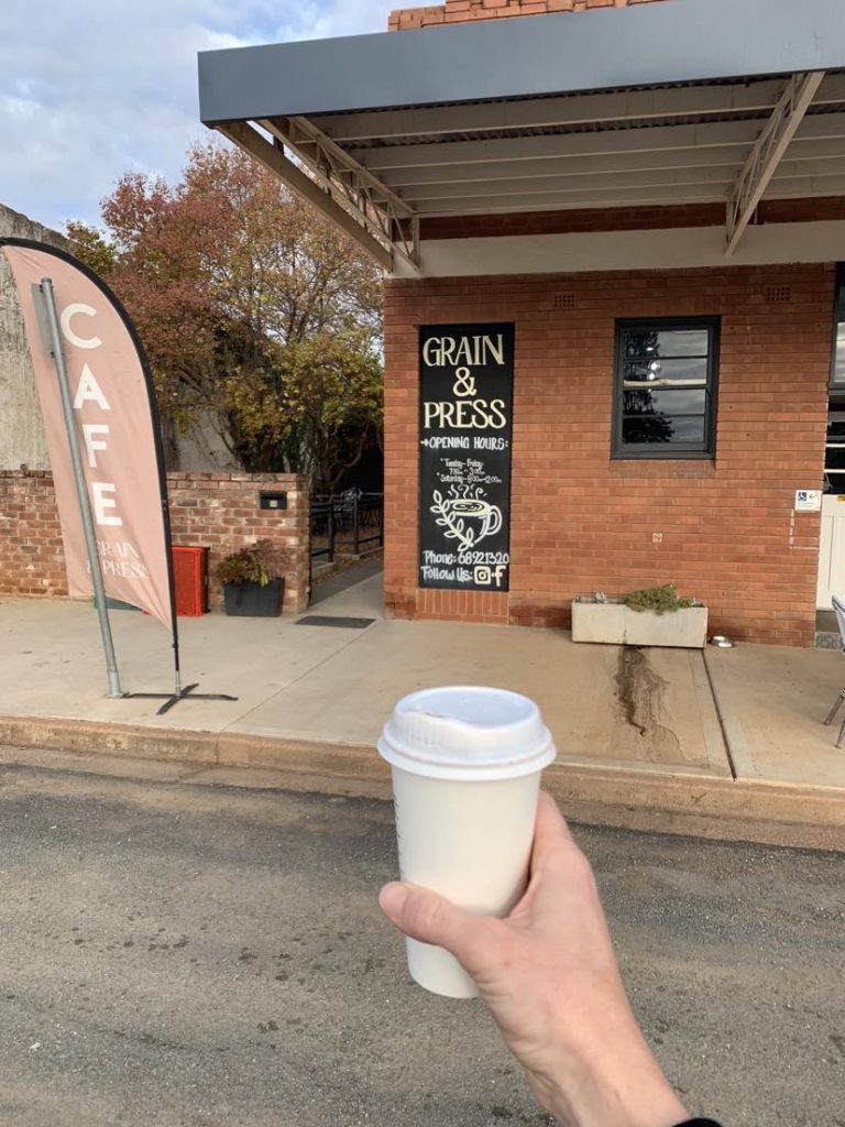 Quick coffee break at Grain & Press in Trundle.