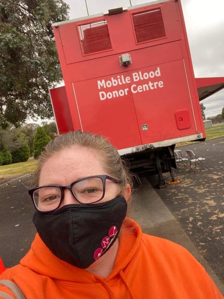 Michelle ready to donate blood.