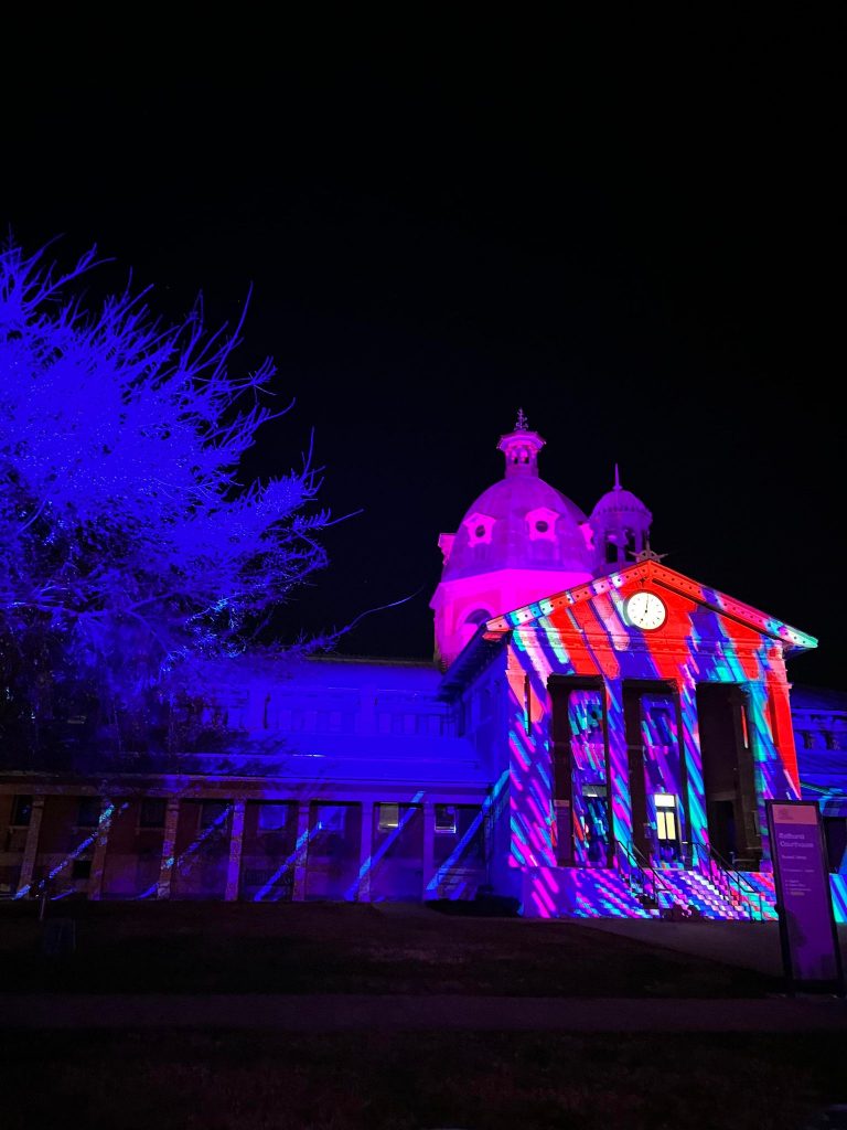 The Bathurst Court House decorated by the lights.