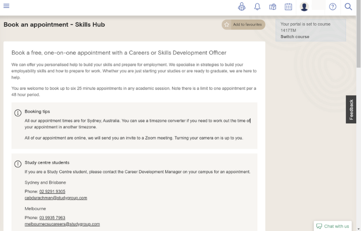 Booking an appointment with the Careers and Skills Team.