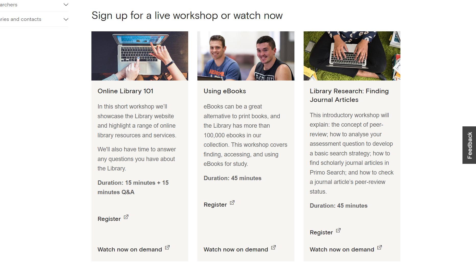 Screenshot of some of the workshops available with the library.