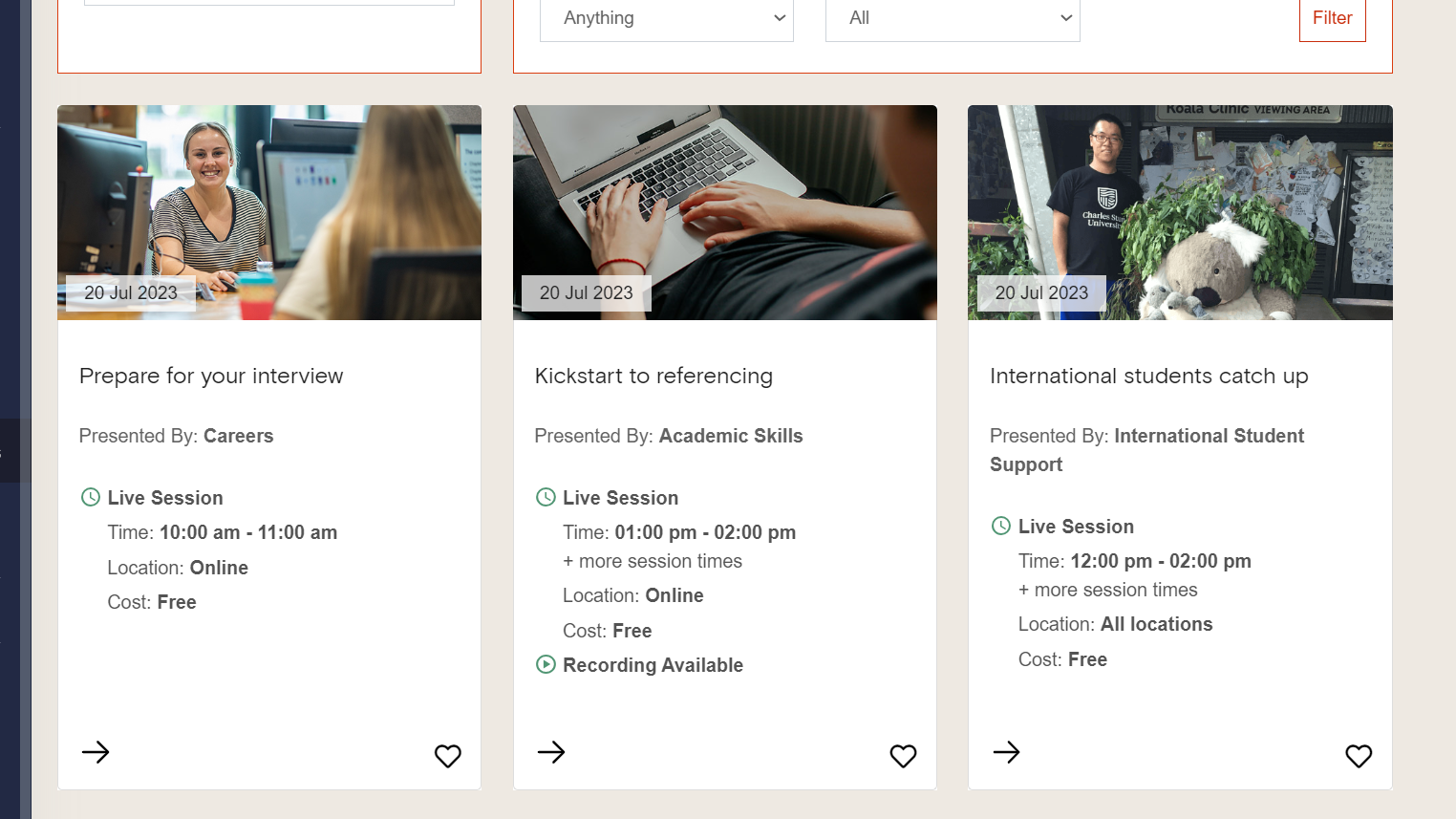 Screenshot of some of the workshops available with the Academic Skills Team.