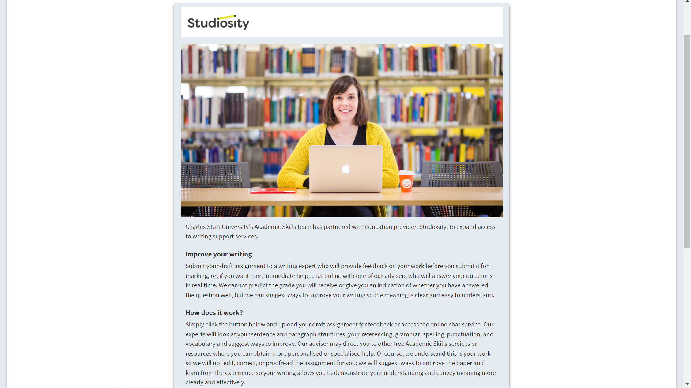 Screenshot of the 'Studiosity' resource.